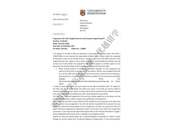 恭喜张同学获得伯明翰大学电子与计算机工程专业硕士通知书