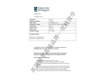 恭喜季同学获得格拉斯哥大学临床药理学专业硕士通知书