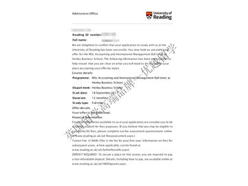 恭喜奚同学获得雷丁大学会计与国际管理专业硕士通知书