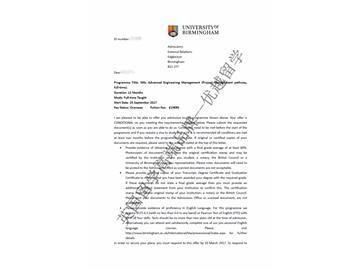 恭喜丁同学获得伯明翰大学高等工程管理专业硕士通知书
