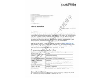 恭喜丁同学获得南安普顿大学系统控制与信号处理专业硕士通知书