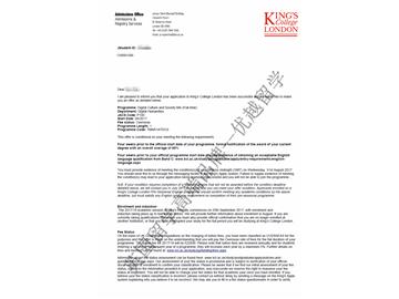 恭喜张同学获得伦敦大学国王学院数字文化与社会专业硕士通知书