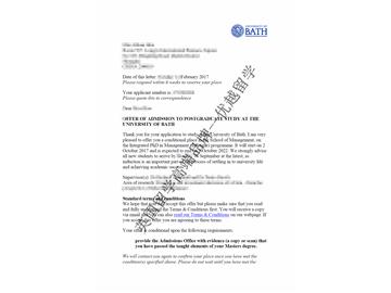恭喜丁同学获得巴斯大学管理学专业博士通知书