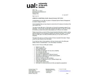 恭喜季同学获得伦敦艺术大学时尚管理专业硕士通知书