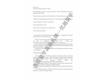 恭喜丁同学获得华威大学食品安全专业硕士通知书