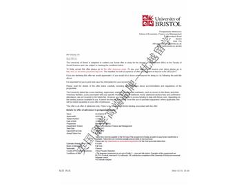 恭喜朱同学获得布里斯托大学管理学专业硕士通知书