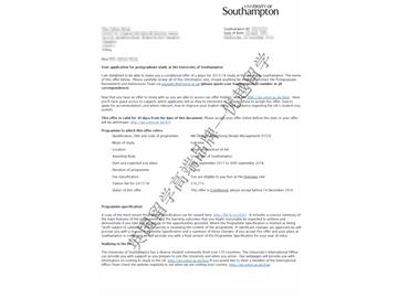 恭喜吴同学获得南安普顿大学广告设计管理专业硕士通知书