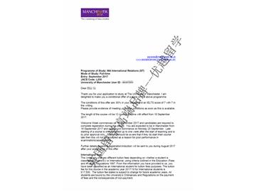 恭喜杜同学获得曼彻斯特大学国际关系专业硕士通知书
