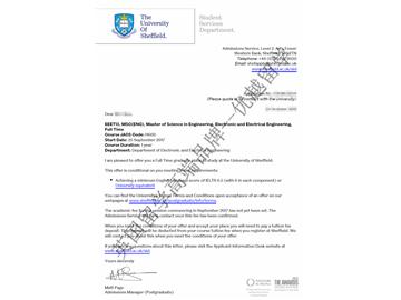 恭喜季同学获得谢菲尔德大学电子电气工程专业硕士通知书