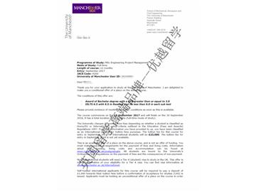 恭喜方同学获得曼彻斯特大学项目工程管理专业硕士通知书