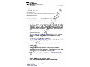 恭喜朱同学获得南洋理工大学海事研究专业硕士通知书