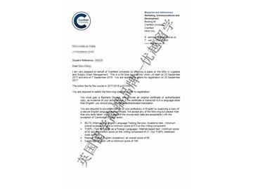 恭喜丁同学获得克兰菲尔德大学物流与供应链管理专业硕士通知书