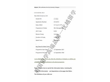 恭喜齐同学获得格拉斯哥大学管理学专业硕士通知书