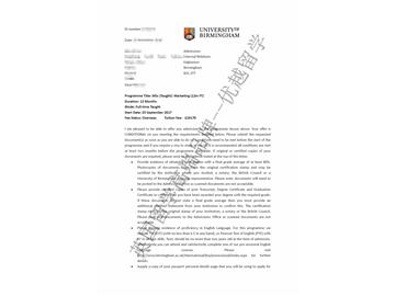 恭喜方同学获得伯明翰大学市场营销专业硕士通知书
