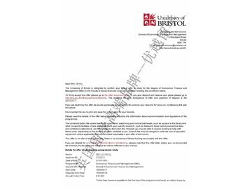 恭喜杜同学获得布里斯托大学经济金融与管理专业硕士通知书