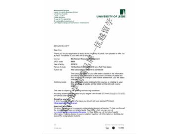 恭喜朱同学获得利兹大学人力资源管理专业硕士通知书