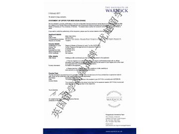 恭喜方同学获得华威大学人力资源管理与雇佣关系专业硕士通知书