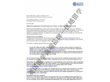 恭喜吴同学获得巴斯大学软件系统专业硕士通知书