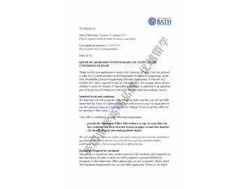 恭喜于同学获得巴斯大学可持续化学工程专业硕士通知书