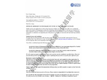 恭喜上海大学J同学获得巴斯大学市场营销专业硕士通知书