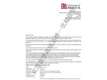 恭喜朱同学获得布里斯托大学经济金融与管理专业硕士通知书