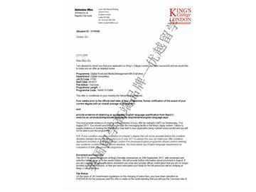 恭喜杨同学获得伦敦大学国王学院数字资产与媒体管理专业硕士通知书