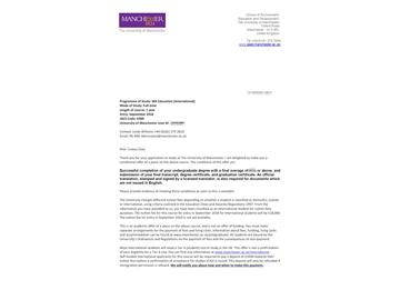 2018offer：恭喜吴同学获得曼彻斯特大学教育学专业硕士通知书