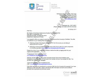 2018offer：恭喜李同学获得谢菲尔德大学音乐表演研究专业硕士通知书
