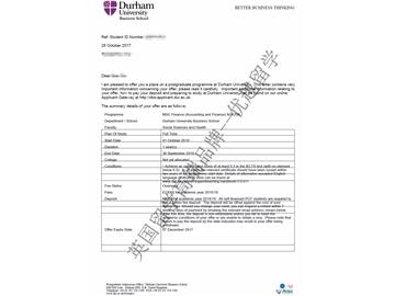 2018offer：恭喜王同学获得杜伦大学金融（会计与金融）专业硕士通知书