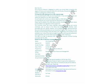 2018offer：恭喜韩同学获得布里斯托大学金融与投资专业硕士通知书