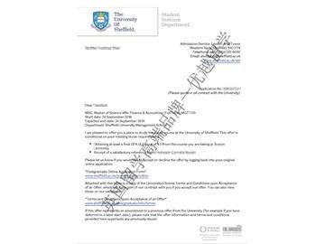 2018offer：恭喜于同学获得谢菲尔德大学会计与金融专业硕士通知书