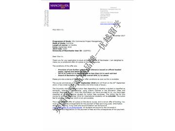 2018offer：恭喜李同学获得曼彻斯特大学商业项目管理专业硕士通知书