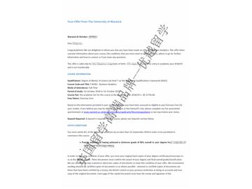 2018offer：恭喜朱同学获得华威大学商务分析专业硕士通知书