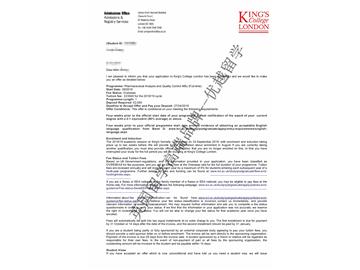 2018offer：恭喜苏同学获得伦敦大学国王学院药物分析与质量控制专业硕士通知书