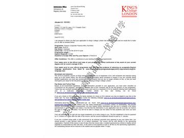 2018offer：恭喜朱同学获得伦敦大学国王学院金融专业（企业金融方向）硕士通知书