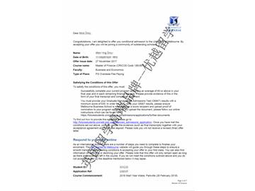 2018offer：恭喜于同学获得墨尔本大学金融专业硕士通知书