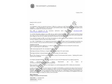 2018offer；恭喜胡同学获得爱丁堡大学对外英语教学专业硕士通知书