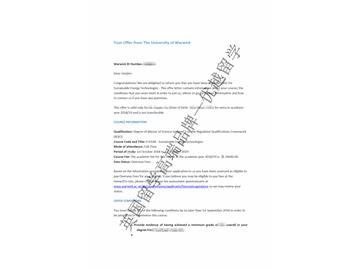 2018offer：恭喜于同学获得华威大学可持续能源技术专业硕士通知书