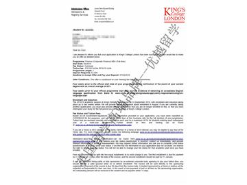 2018offer：恭喜张同学获得伦敦大学国王学院金融专业硕士通知书