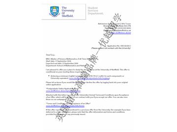 2018offer：恭喜苏同学获得谢菲尔德大学数学专业硕士通知书