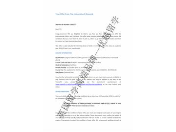 2018offer：恭喜丁同学获得华威大学国际政治与东亚专业硕士通知书