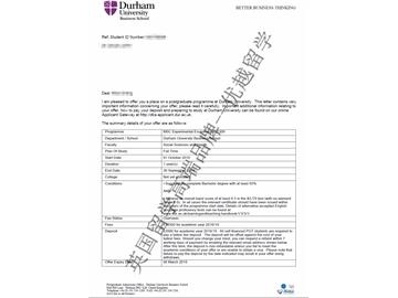 2018offer：恭喜于同学获得杜伦大学实验经济学专业硕士通知书