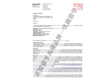 2018offer：恭喜吴同学获得伦敦大学国王学院牙科健康研究专业博士通知书