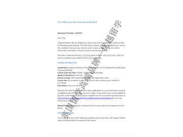 2018offer：恭喜朱同学获得华威大学营销与战略专业硕士通知书