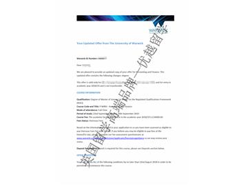 2018offer：恭喜陈同学获得华威大学会计与金融专业硕士通知书