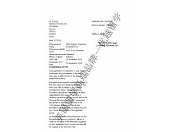 2018offer：恭喜丁同学获得伦敦大学学院有机化学专业硕士通知书
