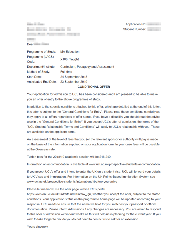 2018offer：恭喜朱同学获得伦敦大学学院教育学专业硕士通知书