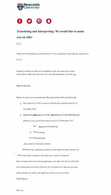 2018offer：恭喜安同学获得纽卡斯尔大学翻译与口译专业硕士通知书