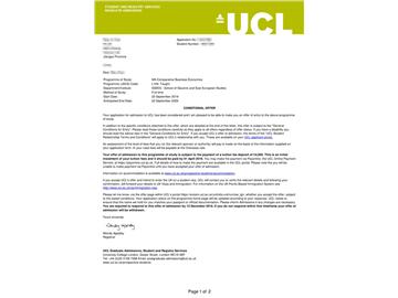 2019offer：恭喜朱同学获得伦敦大学学院比较商务经济学专业硕士通知书