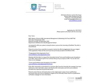 2019offer：恭喜吴同学获得谢菲尔德大学国际管理与市场营销专业硕士通知书